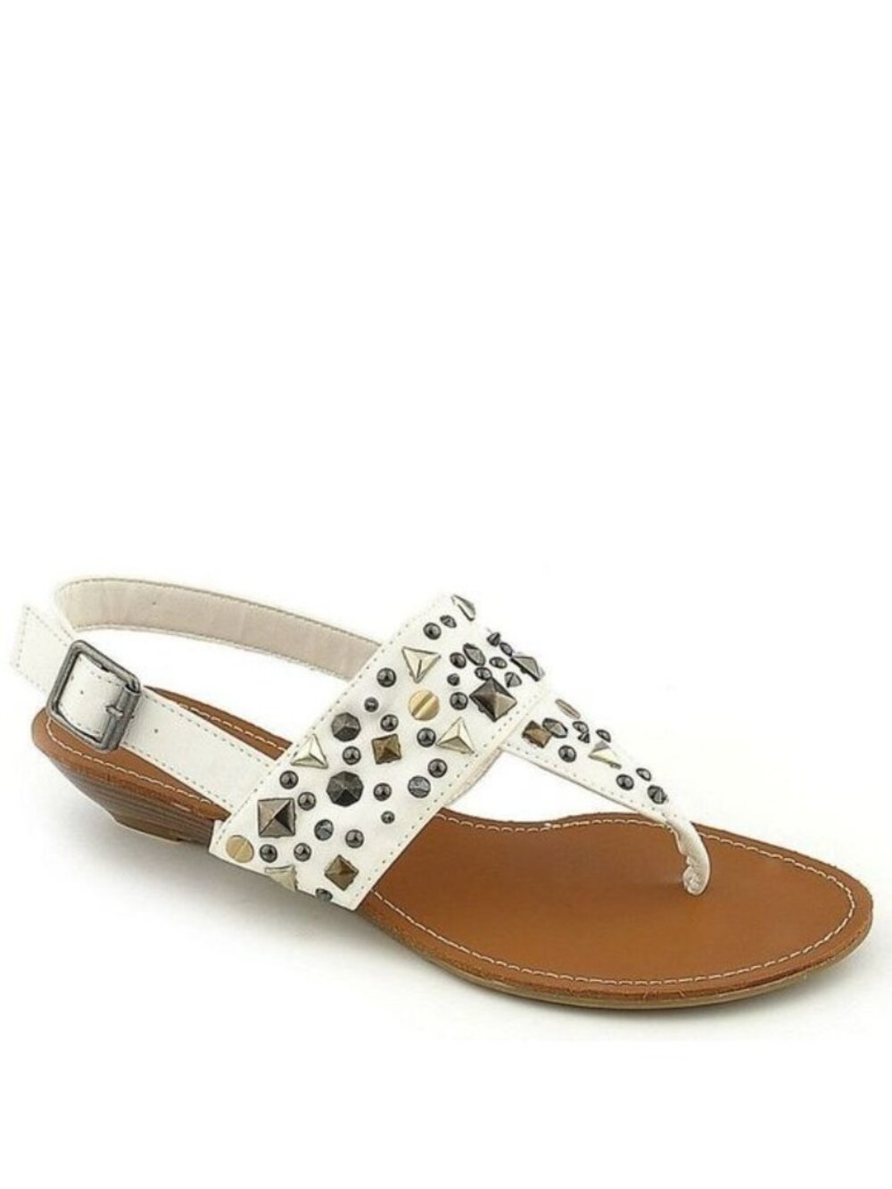 Bamboo‎ White Vegan Studded Low Heel Wedge Sandals Slingback Vacay Cruise Resort